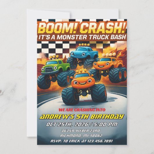 Persoonlijke Boom Crash Monster Truck Verjaardag Kaart (Voorkant)