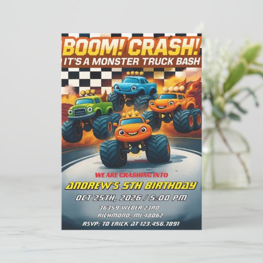 Persoonlijke Boom Crash Monster Truck Verjaardag Kaart (Staand voorkant)