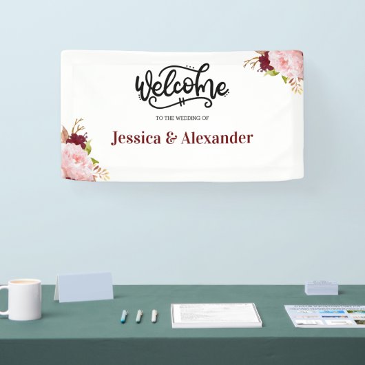 Persoonlijke bordeauxrode bloemen-huwelijksbanner spandoek (Beurs)