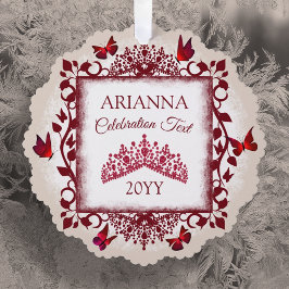 Persoonlijke bordeauxrode en beige vlinders en tia ornament kaart