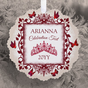 Persoonlijke bordeauxrode en beige vlinders en tia ornament kaart