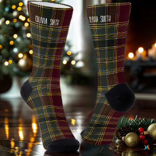 Persoonlijke bordeauxrode en gouden tartan geruite sokken