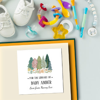 Persoonlijke bos-thema baby-boekplaatsticker vierkante sticker