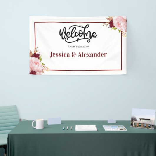 Persoonlijke Bourgogne Floral Wedding Spandoek (Beurs)