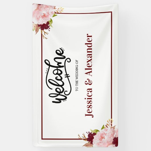 Persoonlijke Bourgogne Floral Wedding Spandoek (Verticaal)