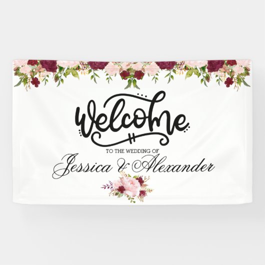 Persoonlijke Bourgogne Floral Wedding Spandoek (Horizontaal)