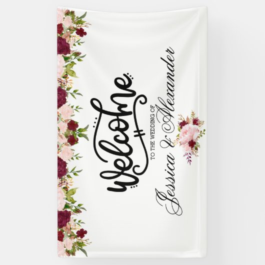 Persoonlijke Bourgogne Floral Wedding Spandoek (Verticaal)