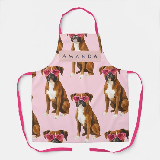 Persoonlijke Boxerhond met Roze Hart Bril Schort (Voorkant)