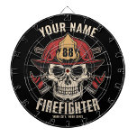 Persoonlijke brandweerman brandblusapparaat dartbord<br><div class="desc">Speciaal ontwerp van de brandweerdienst voor de schedelbrandbestrijding - Skelet met rode helm en dubbele assen. Aanpassen met jouw naam,  nummer en locatie van station/apparaat.</div>