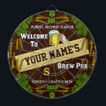 Persoonlijke Brewpub Welkom: Hops Barley Beer Dartbord<br><div class="desc">Creëer uw eigen extra-fancy aangepast brouwerijdddartboard met dit prachtige en originele ontwerp van de sjabloon. Het dartboard wordt gescheurd in een hops en gerstgrens, samen met een grafische bierbrouwerij van de mok, een sterbursteffect en een centrale banner. Het spelbord zegt: "Welkom bij de Brew Pub van [jouw naam]." Dan is...</div>