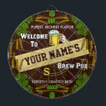 Persoonlijke Brewpub Welkom: Hops Barley Beer Dartbord<br><div class="desc">Creëer uw eigen extra-fancy aangepast brouwerijdddartboard met dit prachtige en originele ontwerp van de sjabloon. Het dartboard wordt gescheurd in een hops en gerstgrens, samen met een grafische bierbrouwerij van de mok, een sterbursteffect en een centrale banner. Het spelbord zegt: "Welkom bij de Brew Pub van [jouw naam]." Dan is...</div>