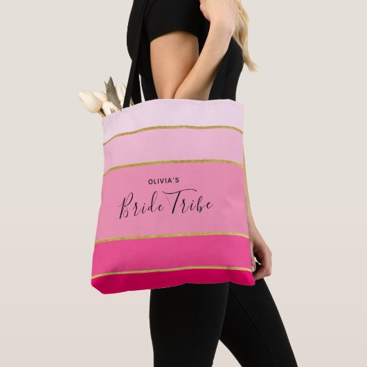 Persoonlijke 'Bride Tribe' roze & gouden gestreept Tote Bag (Dichtbij)