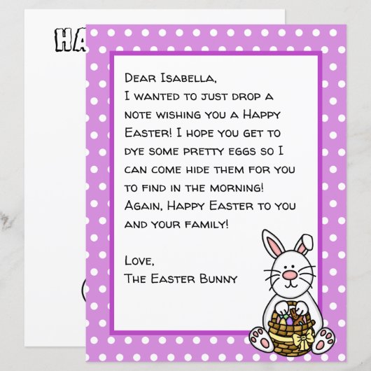 Persoonlijke brief voor Happy Paaster Bunny (Voorkant / Achterkant)