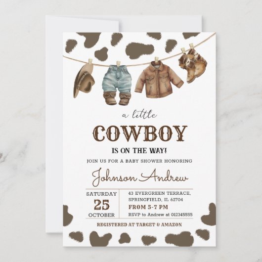 Persoonlijke Brown Cowboy Baby shower Uitnodiging (Voorkant)