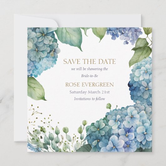 Persoonlijke Bruidsdouche Blauwe Hortensia Save The Date (Voorkant)