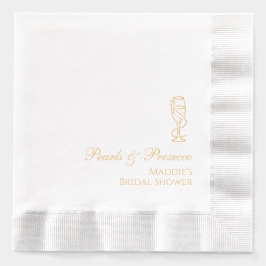 Persoonlijke Bruidsdouche Parels & Prosecco Goud Folie Servetten (Voorkant)