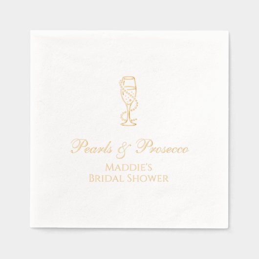Persoonlijke Bruidsdouche Parels & Prosecco Goud Folie Servetten (Voorkant)