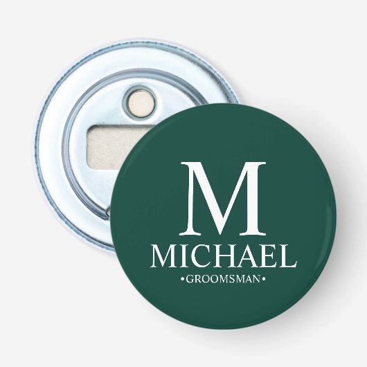 Persoonlijke Bruidsjonker Naam en Monogram Button Flesopener (Voorkant)