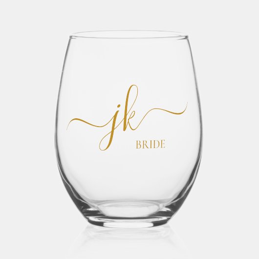 Persoonlijke bruidsnaam gouden script monogram wijnglas zonder voet (Voorkant)