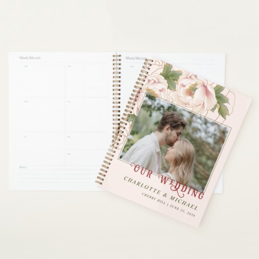 Persoonlijke bruiloft Foto Blush Pink Peony Floral Planner (Display)