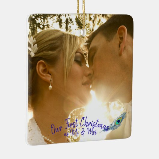 Persoonlijke bruiloft foto Peacock Feather Ceramic Keramisch Ornament (Rechts)