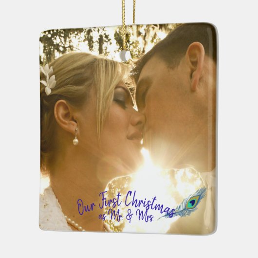 Persoonlijke bruiloft foto Peacock Feather Ceramic Keramisch Ornament (Links)