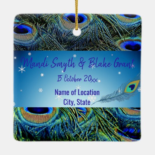 Persoonlijke bruiloft foto Peacock Feather Ceramic Keramisch Ornament (Achterkant)