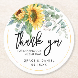 Persoonlijke bruiloft voor zonnebloem ronde kartonnen onderzetter