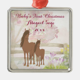 Persoonlijke bruine paarden Baby's voor de eerste Metalen Ornament