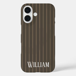 Persoonlijke bruine retro pinstripes iPhone 16 hoesje