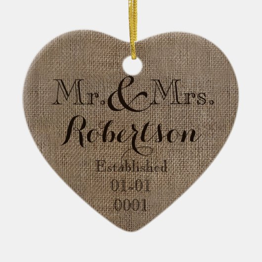 Persoonlijke burlap-look Rustic Wedding Keepomwill Keramisch Ornament (Voorkant)