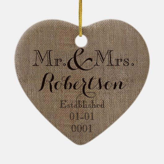Persoonlijke burlap-look Rustic Wedding Keepomwill Keramisch Ornament (Achterkant)