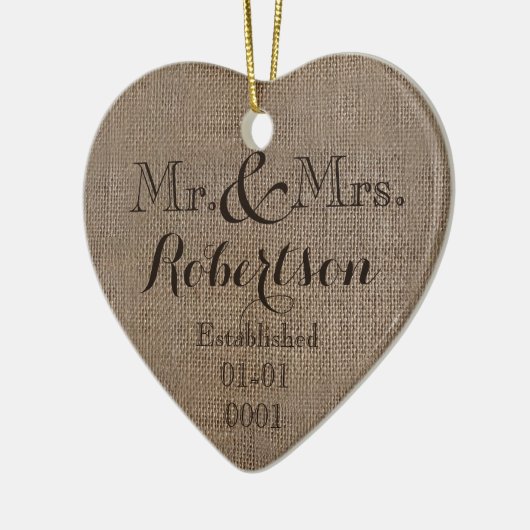 Persoonlijke burlap-look Rustic Wedding Keepomwill Keramisch Ornament (Links)