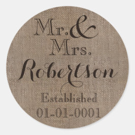 Persoonlijke burlap-look Rustic Wedding Keepomwill Ronde Sticker
