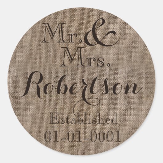 Persoonlijke burlap-look Rustic Wedding Keepomwill Ronde Sticker (Voorkant)