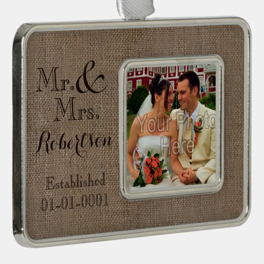 Persoonlijke burlap-look Rustic Wedding Keepomwill Verzilverd Omlijst Ornament (Rechts)