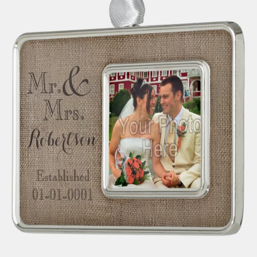 Persoonlijke burlap-look Rustic Wedding Keepomwill Verzilverd Omlijst Ornament (Links)