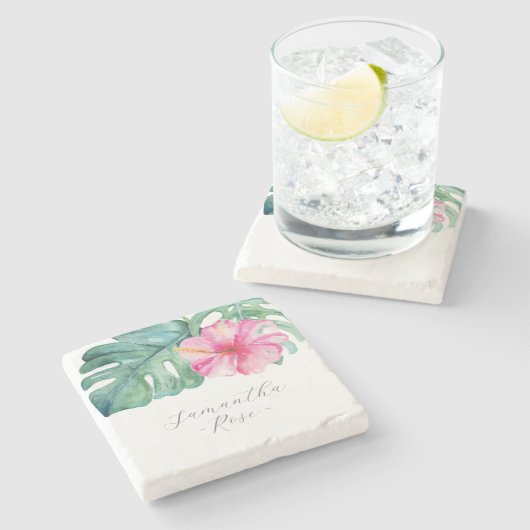 Persoonlijke Cadeaus voor Vrouwen Roze Tropische B Stenen Onderzetter (Zijkant)