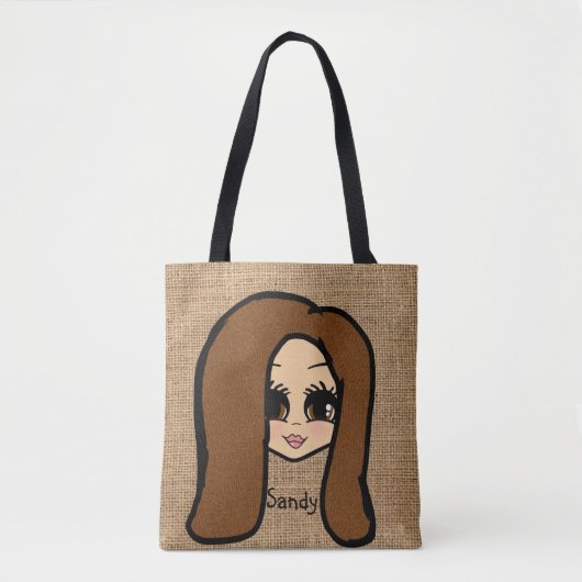 Persoonlijke Caricatuur Jute Print Tas Bruin Haar (Voorkant)