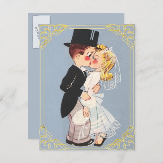 Persoonlijke cartoon bruid en bruidegom uitnodiging briefkaart (Voorkant / Achterkant)
