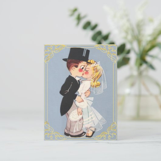 Persoonlijke cartoon bruid en bruidegom uitnodiging briefkaart (Staand voorkant)