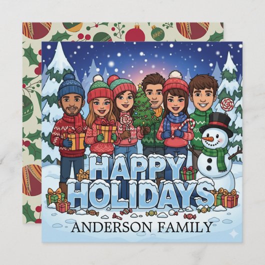 Persoonlijke Cartoon Familie Kerstkaart (Voorkant / Achterkant)