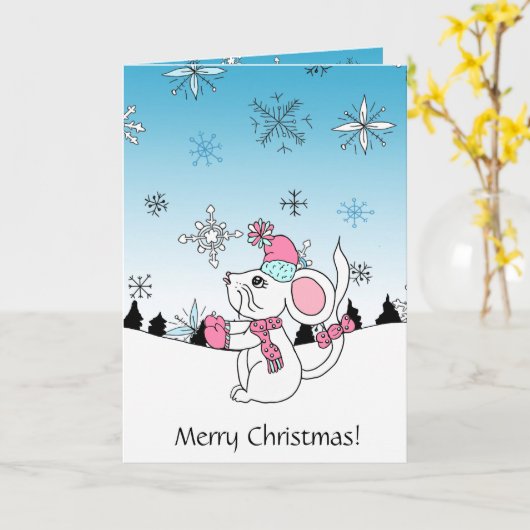 Persoonlijke Cartoon muis die een sneeuwvlok eet Kaart (Gele Bloem)