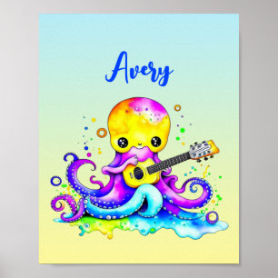 Persoonlijke Cartoon Octopus die Gitaar Speelt  P Poster