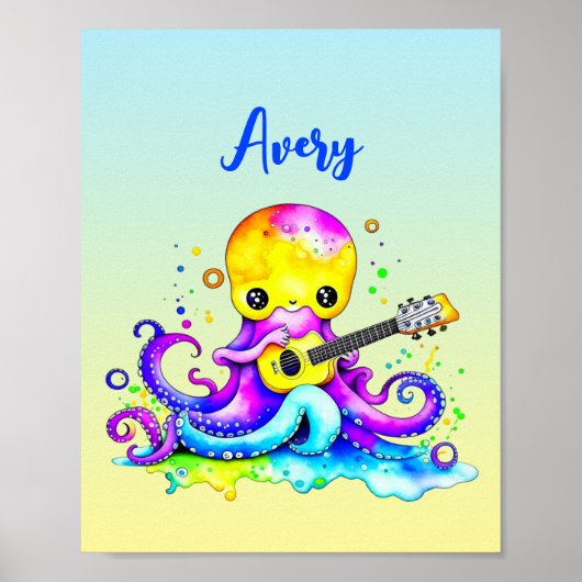 Persoonlijke Cartoon Octopus die Gitarar speelt  P Poster (Voorkant)