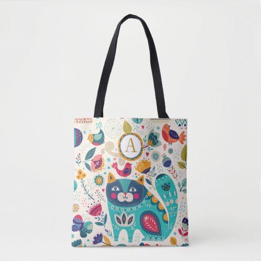 Persoonlijke CAT Folk Art Decoratieve Vogels Bloem Tote Bag (Voorkant)