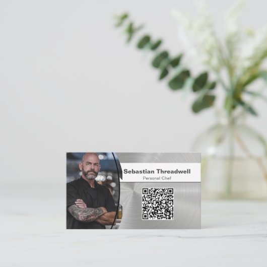Persoonlijke Chef Borstelstaal Aangepaste foto QR- Visitekaartje (Staand voorkant)