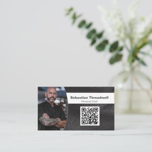 Persoonlijke Chef Faux Leather Custom Foto QR Code Visitekaartje (Staand voorkant)