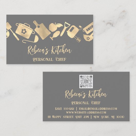 Persoonlijke Chef Restaurant Catering Logo QR Grij Visitekaartje (Voorkant / Achterkant)