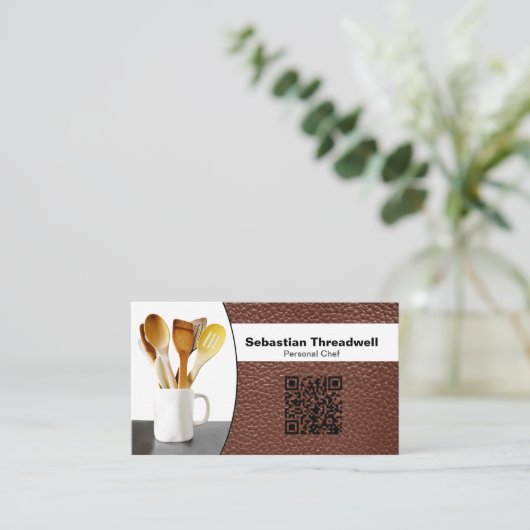 Persoonlijke Chef Spoons Leer Aangepaste Foto QR C Visitekaartje (Staand voorkant)